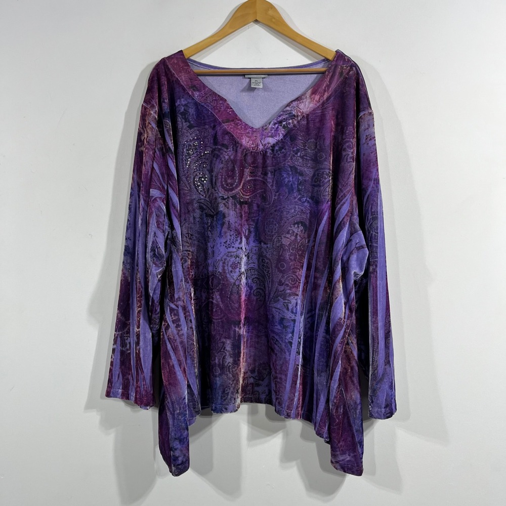 Catherines Purple Whimsigoth Artsy Paisley Velvet Rhinestone Asymmetrical Top 5X